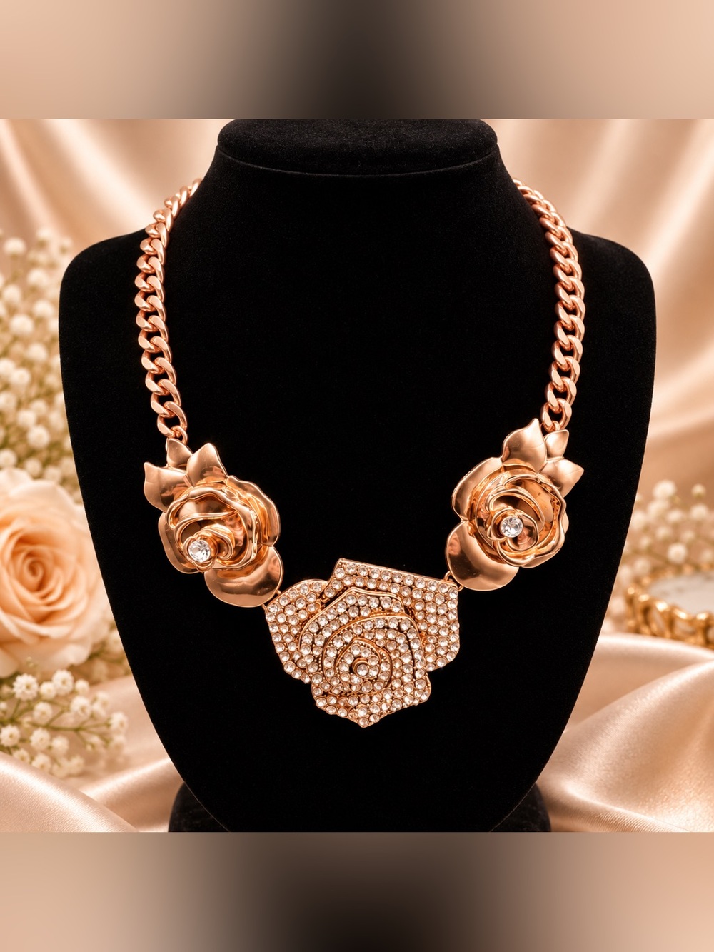 Elegant Rose Gold Floral Statement Necklace - Women Jewelry